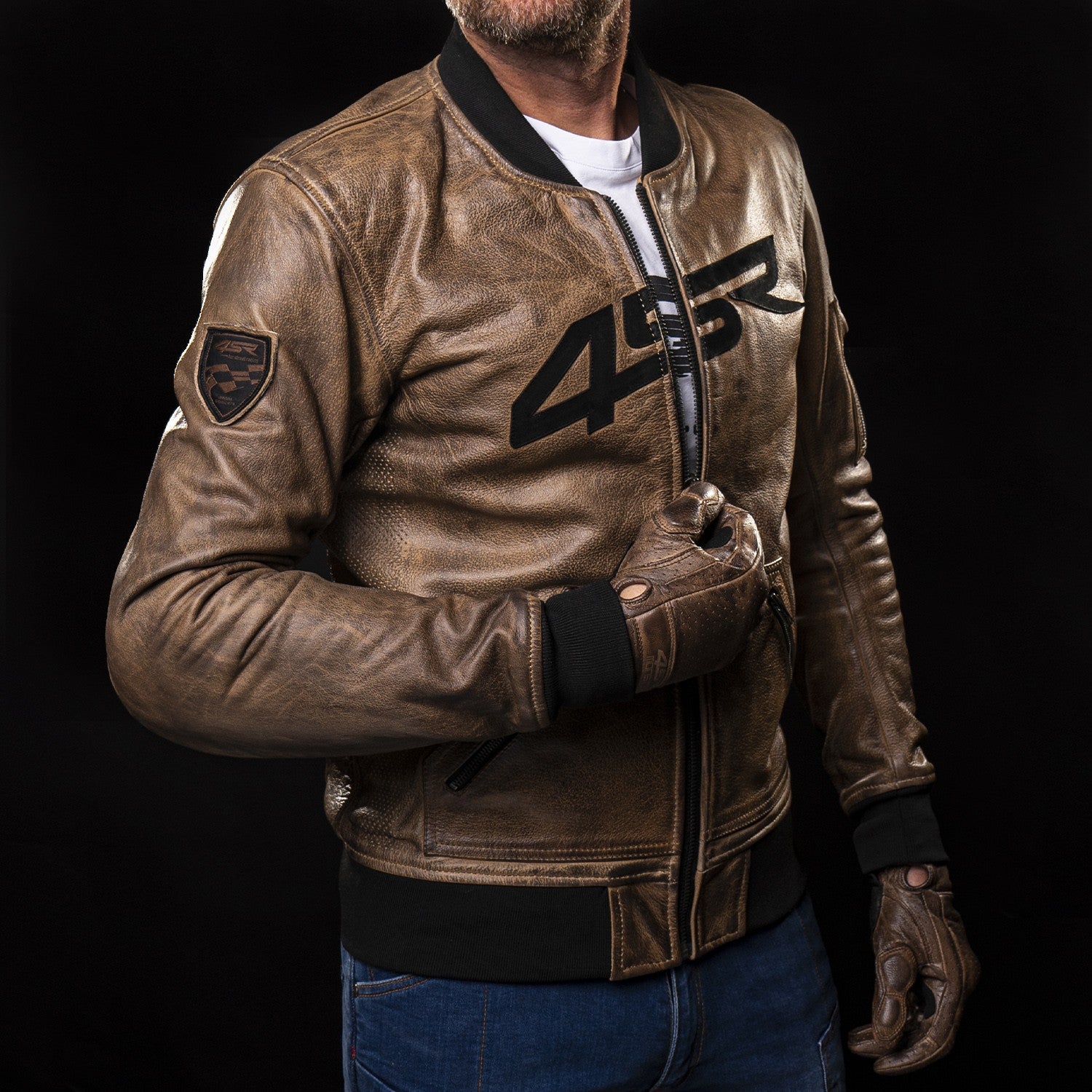 Kožená bunda na motorku 4SR Bomber Jacket Brown Patina – detail
