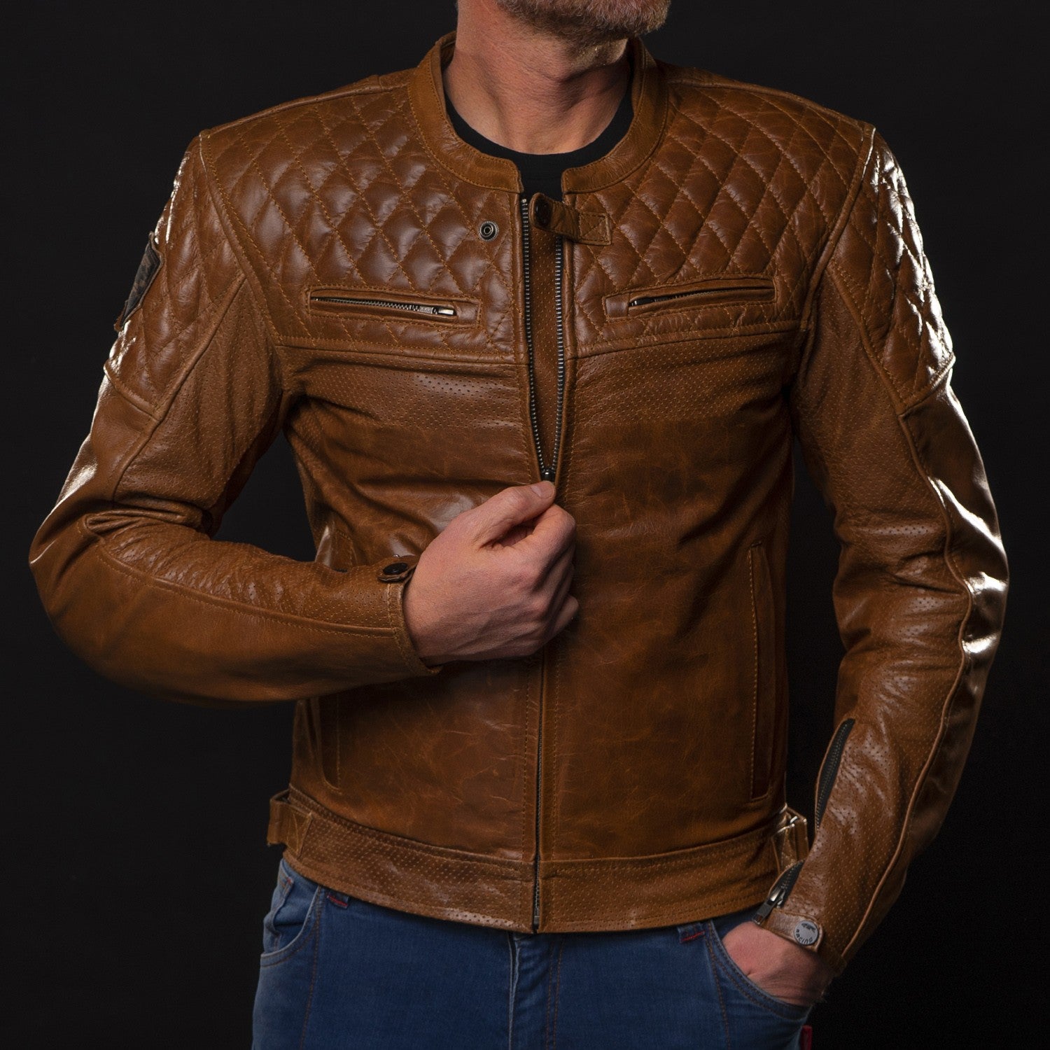 Kožená bunda na motorku 4SR Scrambler Cognac II – celkový pohled