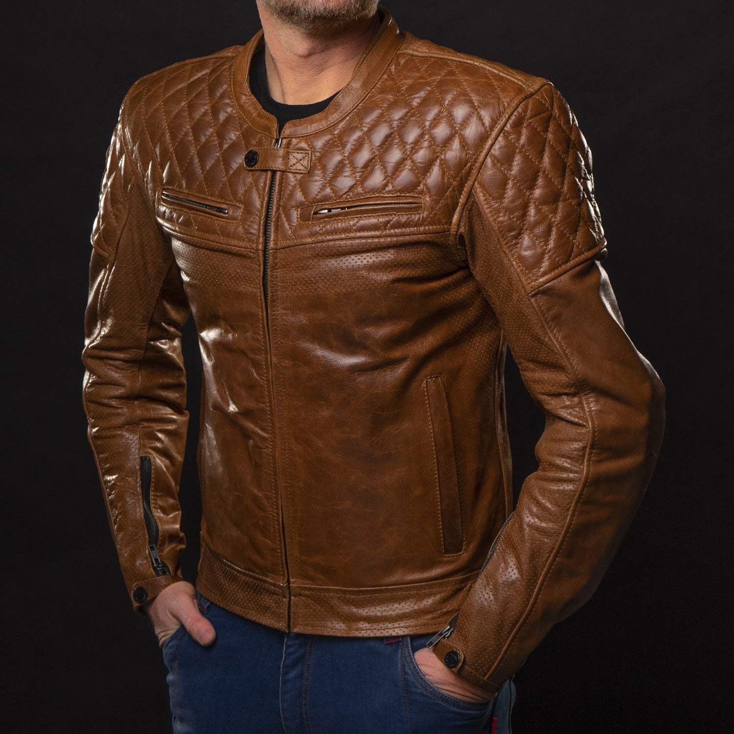 Kožená bunda na motorku 4SR Scrambler Cognac II – celkový pohled