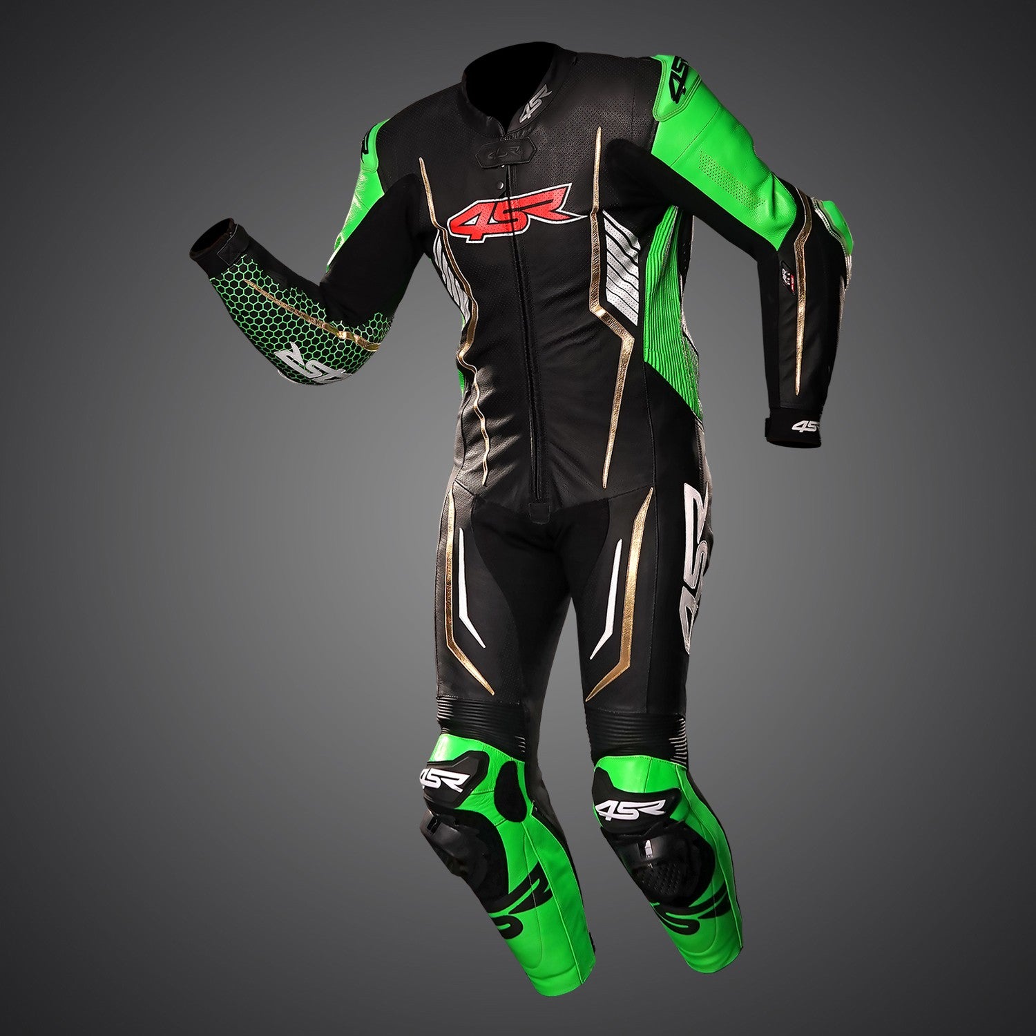 Závodní kombinéza na motorku 4SR Racing Monster Green AR – pohled zepředu