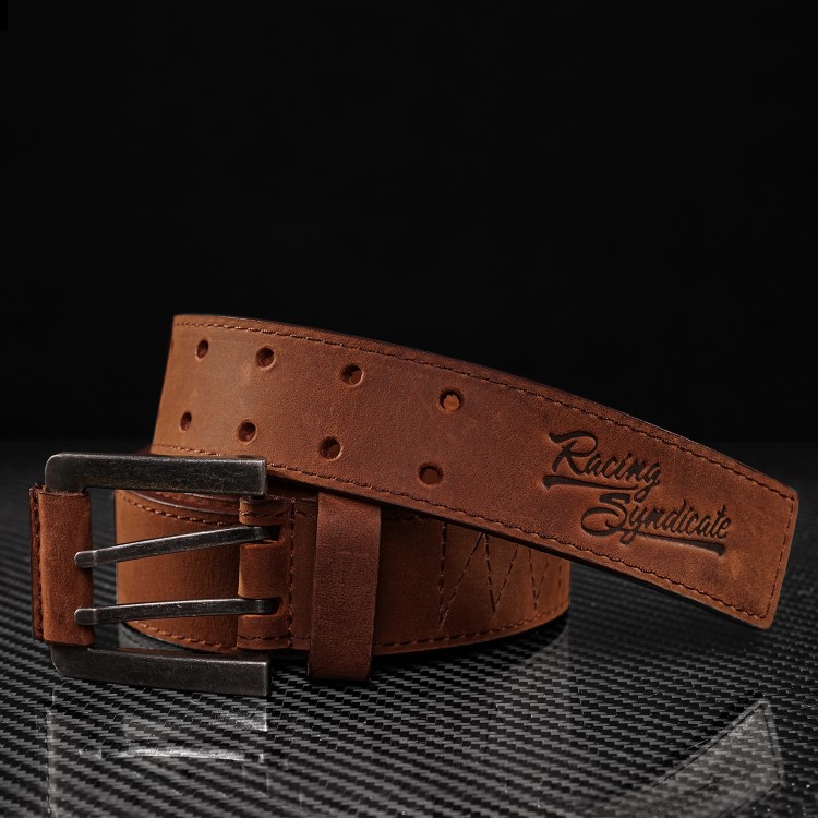 4SR leather belt with embossed Racing Syndicate logo.