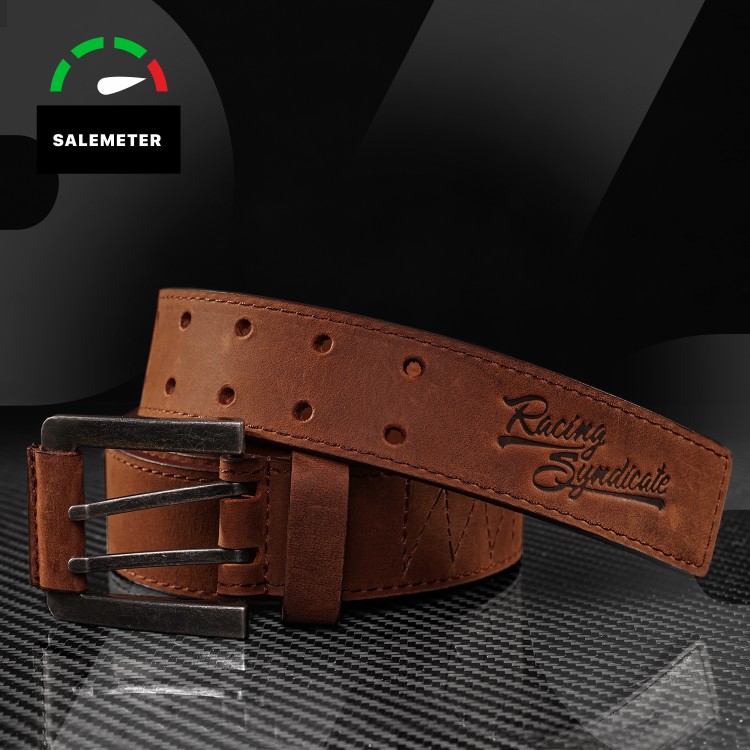 4SR leather belt with embossed Racing Syndicate logo.